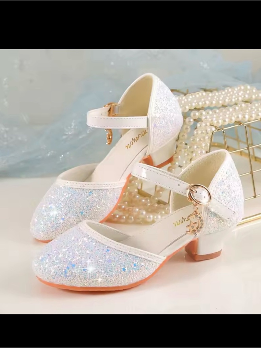 Girls Sparkle White Glitter Mary Jane Dress Shoes